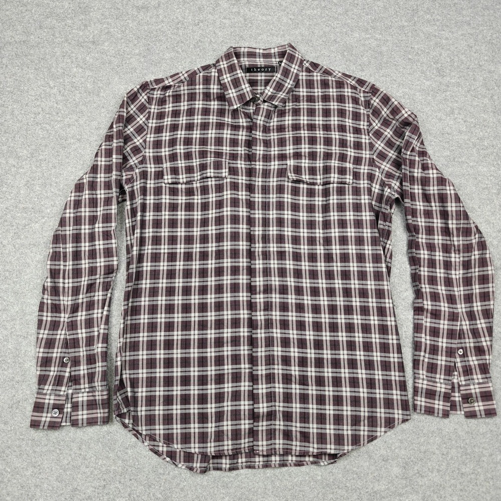 Theory Shirt Mens Large Red Plaid Cotton Twill Long Sleeve Button Up Casual
